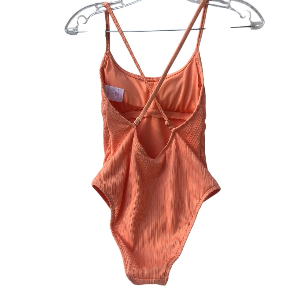 NWOT Xhilaration Tangerine Orange Peach Ribbed Backless One-Piece Swimsuit - Picture 9 of 16